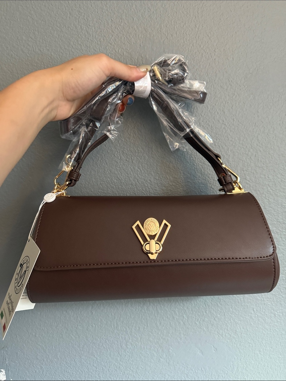 Valentino Orlandi Dark Brown Baguette Purse with Gold Hardware